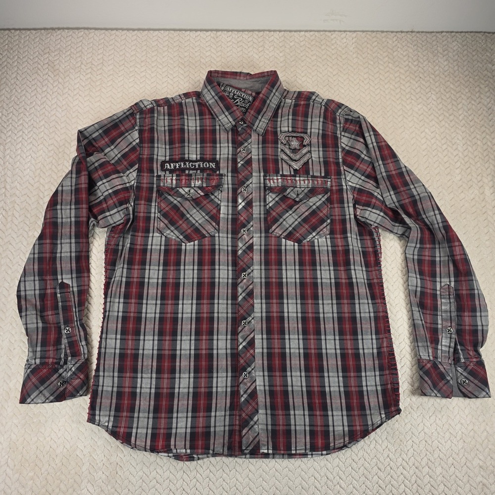 Affliction Black Premium Mens XL Plaid Button Down Shirt Back Embroidery Red - Picture 3 of 9